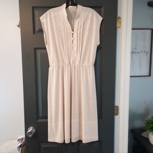 Ivory Vtg Midi Dress Flattering Geometric Pattern V Neck Bar Wing Sleeve Charade